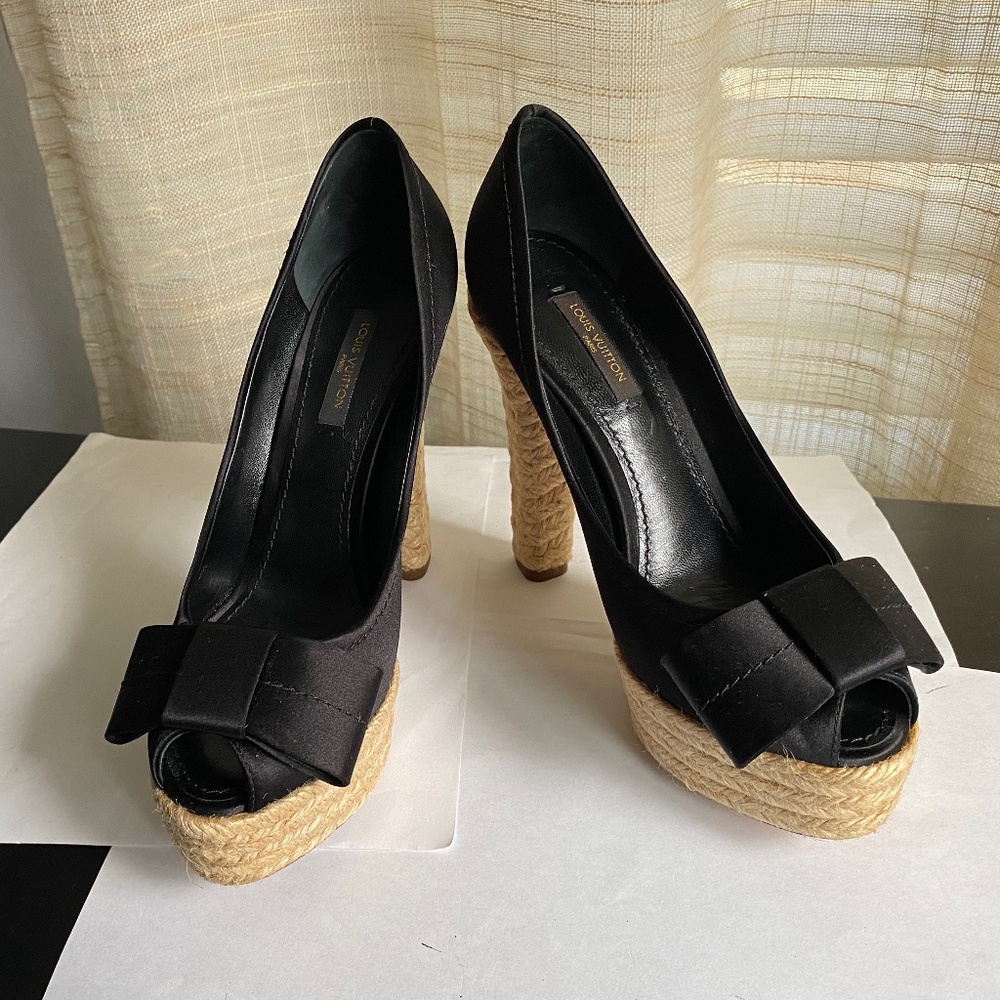 Louis Vuitton satin black espadrille clogs heels pumps platforms 36 Rivoli bow - Picture 8 of 12